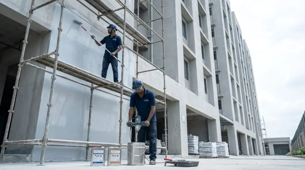 Hydroseal team applying exterior wall waterproofing treatment on scaffolding in Hyderabad