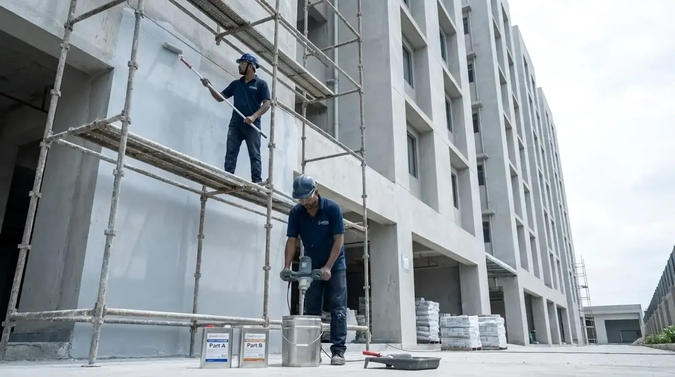 Hydroseal team applying exterior wall waterproofing treatment on scaffolding in Hyderabad