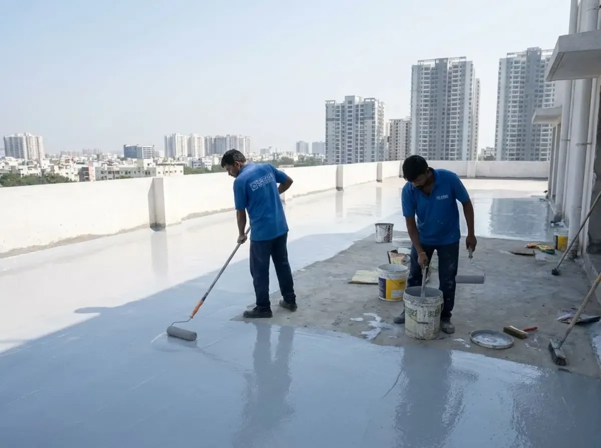 Waterproofing contractors applying terrace coating with Hyderabad skyline in the background