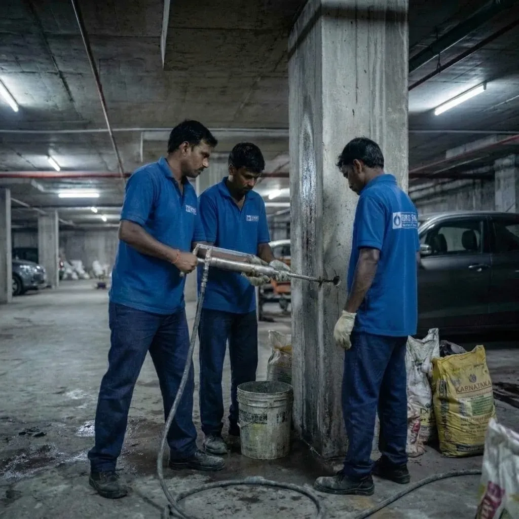 Hydroseal team performing PU injection grouting in a basement parking area in Hyderabad
