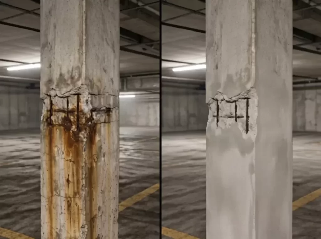 Exposed corroded rebar in cracked concrete columns before structural repair, Hyderabad