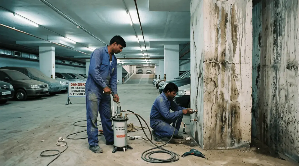 Hydroseal team performing PU injection grouting for basement waterproofing in an underground parking garage in Hyderabad