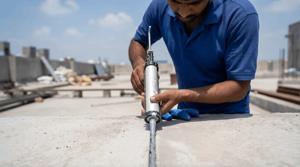 Hydroseal technician applying flexible polyurethane sealant to a terrace expansion joint in Hyderabad