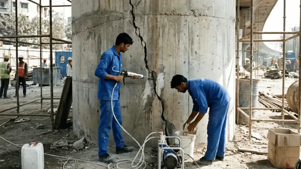 Hydroseal team performing structural repair work on a concrete structure in Hyderabad
